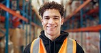 Logistics, portrait or man in warehouse with smile, ambition or experience in stock delivery. Happiness, distribution or supplier in depot with confidence, about us or pride in shipping industry.