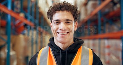 Buy stock photo Logistics, portrait or man in warehouse with smile, ambition or experience in stock delivery. Happiness, distribution or supplier in depot with confidence, about us or pride in shipping industry.