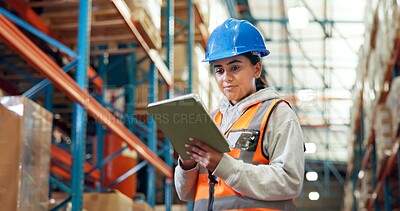Buy stock photo Logistics, browsing and woman with tablet in warehouse, distribution and info for quality assurance. Factory, distributor and person with tech for stock inventory, online or goods for supply chain