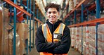 Logistics, portrait or man in warehouse with arms crossed, ambition or experience in stock delivery. Smile, distribution or supplier in depot with confidence, about us or pride in shipping industry.