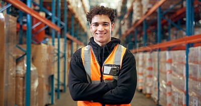 Buy stock photo Logistics, portrait or man in warehouse with arms crossed, ambition or experience in stock delivery. Smile, distribution or supplier in depot with confidence, about us or pride in shipping industry.