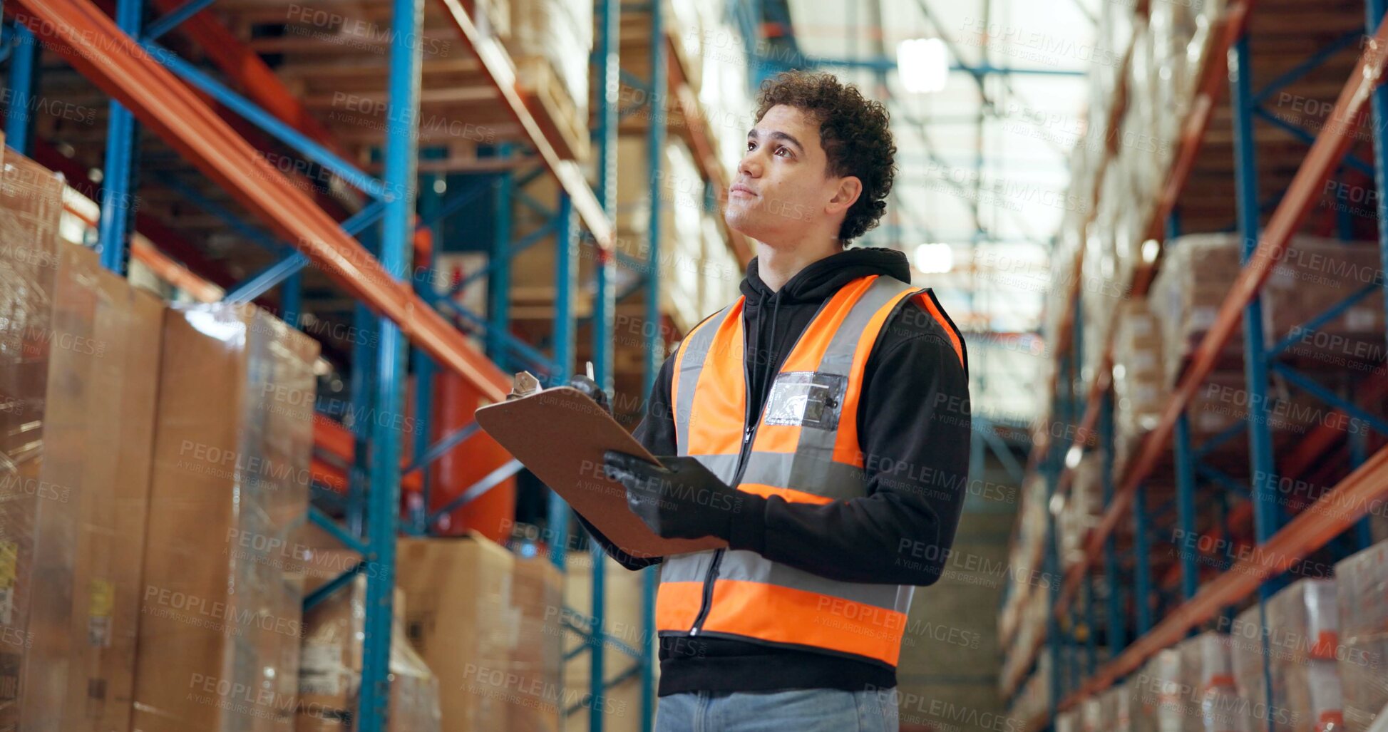Buy stock photo Supply chain, clipboard or man in factory, inspection or logistics with delivery quality control. Person, documents or employee with checklist, import or export report with distribution or inventory