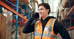 Man, smile or phone call in warehouse with logistics, feedback and discussion for supply chain. Manager, person or conversation in distribution center with tech for contact, shipping or stock export.
