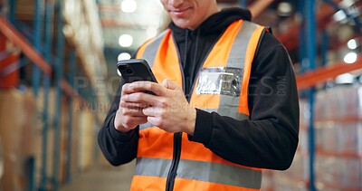 Buy stock photo Hands, mobile and man in warehouse for logistics, distribution schedule or inventory management. Phone, shipping worker and app to check stock, online communication and email for supply chain