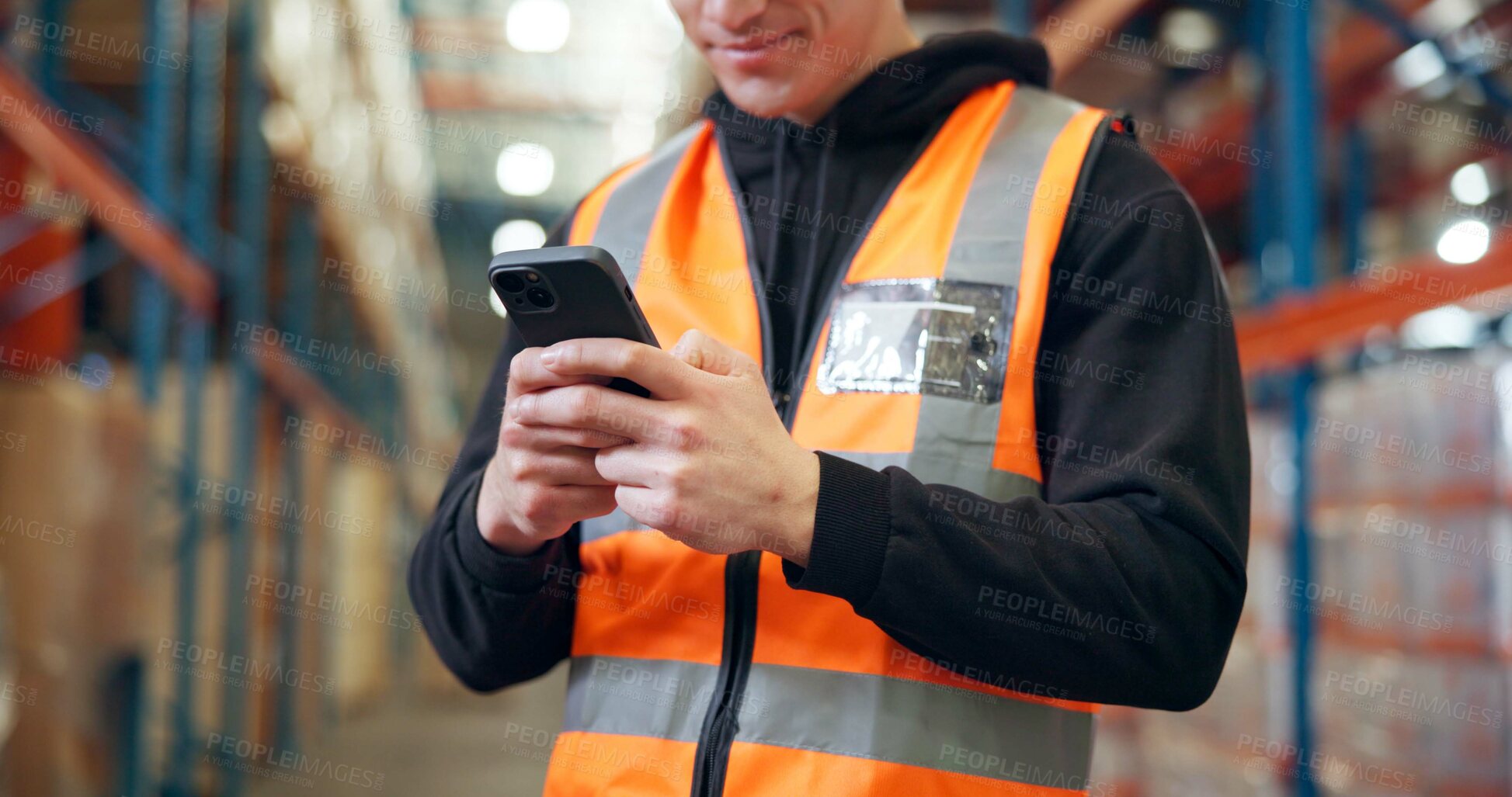 Buy stock photo Hands, mobile and man in warehouse for logistics, distribution schedule or inventory management. Phone, shipping worker and app to check stock, online communication and email for supply chain