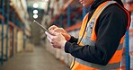 Hands, tablet and man in warehouse for shipping, distribution schedule or inventory management. Technology, logistics worker and app to check stock, online communication and email for supply chain