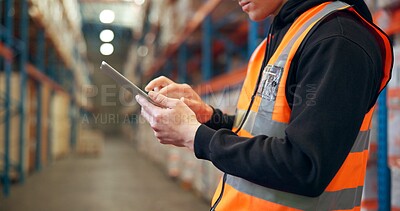 Buy stock photo Hands, tablet and man in warehouse for shipping, distribution schedule or inventory management. Technology, logistics worker and app to check stock, online communication and email for supply chain