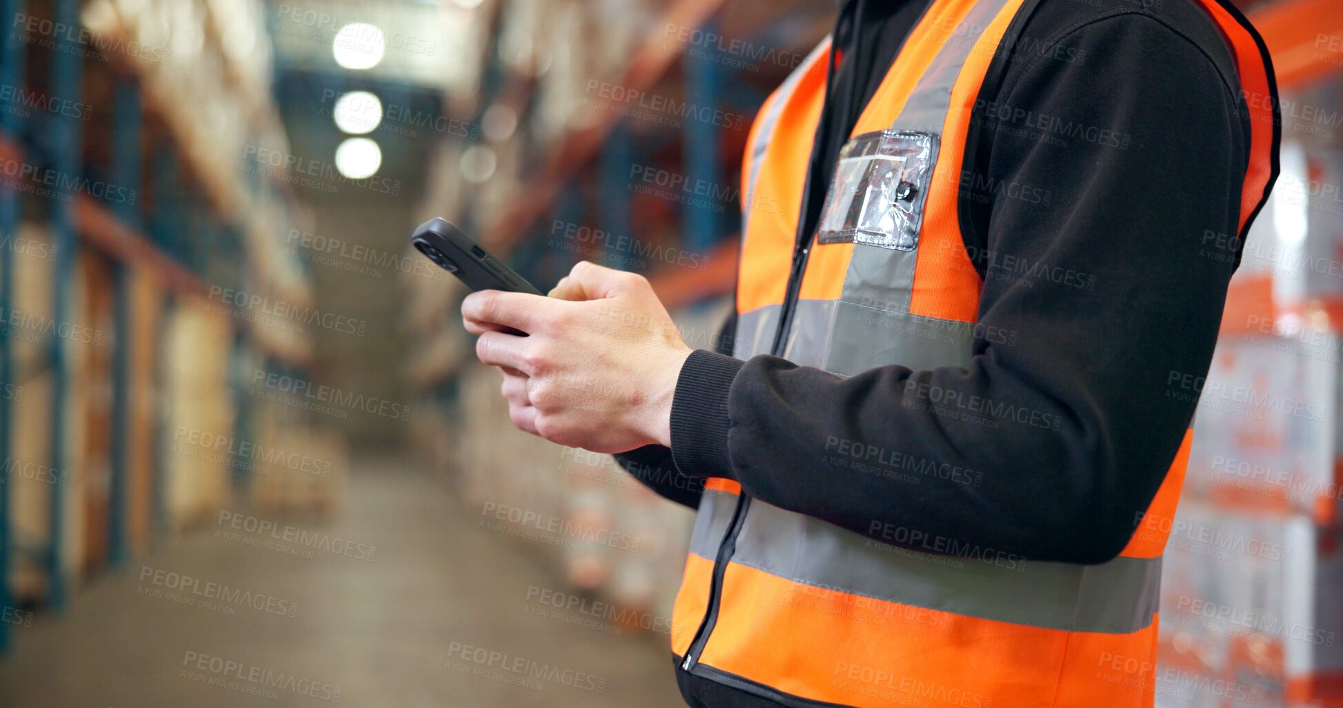 Buy stock photo Hands, phone and person in warehouse for shipping, distribution schedule or inventory management. Mobile, logistics worker and app to check stock, online communication and email for supply chain