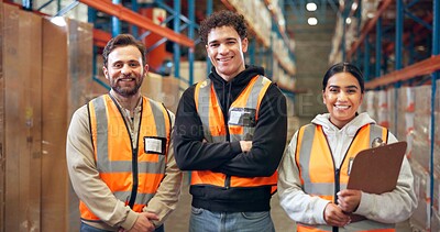 Buy stock photo Portrait, group and people for logistics in warehouse with career pride, about us and supply chain. Happy, employees and teamwork with clipboard, inventory management and checklist for distribution