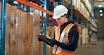 Distribution, clipboard or man in warehouse, inspection or supply chain with delivery quality control. Person, documents or employee in factory, checklist or export report with logistics or inventory