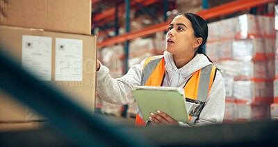 Buy stock photo Woman, reading and box with tablet in warehouse for supply chain, shipping info and label update. Person, package and digital for inventory management, check stock and cargo inspection for delivery