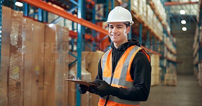 Buy stock photo Supply chain, portrait or man with clipboard, inspection or logistics with quality control. Inventory, documents or happy person with checklist, shipping schedule or export report with distribution