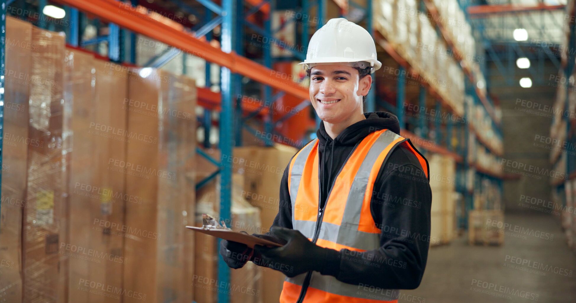 Buy stock photo Supply chain, portrait or man with clipboard, inspection or logistics with quality control. Inventory, documents or happy person with checklist, shipping schedule or export report with distribution