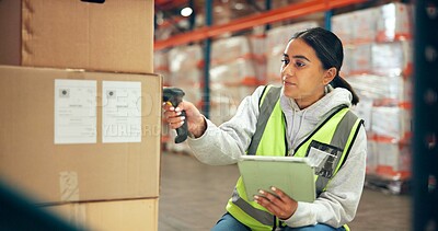 Buy stock photo Logistics, tablet or woman with box scanner in warehouse for inventory, cargo accuracy or shipping. Supply chain, picker or distribution database for stock management, storage system or parcel update