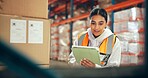 Woman, logistics and smile with tablet in warehouse for supply chain, shipping info and pricing. Person, boxes and digital for inventory management, check stock and cargo inspection for distribution