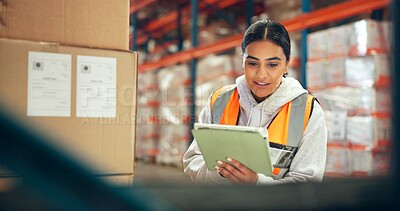 Buy stock photo Woman, logistics and smile with tablet in warehouse for supply chain, shipping info and pricing. Person, boxes and digital for inventory management, check stock and cargo inspection for distribution