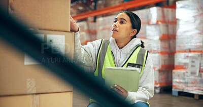 Buy stock photo Woman, logistics and box with tablet in warehouse for supply chain, shipping info and label update. Person, package and digital for inventory management, check stock and cargo inspection for delivery