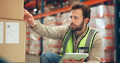 Buy stock photo Logistics, tablet or man with box in warehouse for quality control, cargo inspection or shipping. Supply chain, picker or inventory database for order management, backlog update or stock distribution