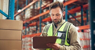 Buy stock photo Supply chain, clipboard or man with inspection, inventory and distribution with delivery quality control. Person, documents or employee in factory, checklist or export report with shipping manager