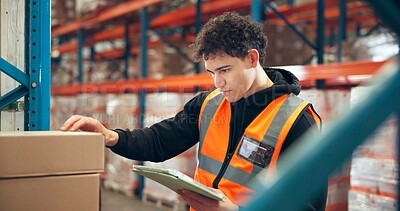 Buy stock photo Logistics, tablet or man with box inspection in warehouse for label accuracy, online order or shipping. Supply chain, picker and digital checklist for package distribution, freight info and picking