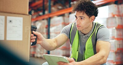 Buy stock photo Logistics, tablet or man with package scanner in warehouse for inventory, cargo accuracy or shipping. Supply chain, picker or online checklist for stock management, storage system or update box label