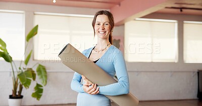 Buy stock photo Portrait, smile and yoga mat with woman in studio for fitness, holistic health or wellness. Balance, confident and ready with happy yogi person in class for commitment or dedication to exercise