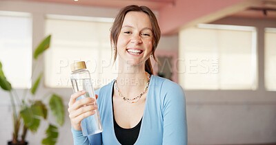 Buy stock photo Portrait, water bottle and yoga with woman in studio for fitness, holistic health or wellness. Balance, drink and hydration with happy yogi person in class for commitment or dedication to exercise