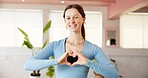 Heart hands, portrait and yoga with woman in studio for fitness, holistic health or wellness. Balance, emoji and love with happy yogi person in class for commitment or dedication to exercise