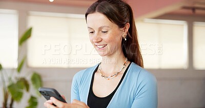 Buy stock photo Phone, pilates and reading with woman in studio for social media, workout post and comment. Online yoga forum, communication app and chat with person in class for wellness, health and fitness