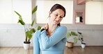 Fitness, injury and woman with shoulder pain in studio from yoga accident, fibromyalgia or muscle ache. Yogi, person and joint inflammation at health club from exercise mistake, discomfort and strain