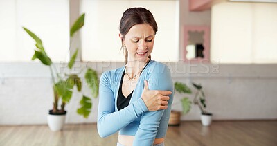 Buy stock photo Fitness, strain and woman with shoulder pain in studio from yoga accident, fibromyalgia or muscle ache. Yogi, person and joint inflammation at health club from exercise mistake, discomfort and cramp