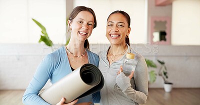 Buy stock photo Yoga, smile and portrait of friends in studio for fitness, workout partner and support. Happy, wellness club and pilates center with women in class for self care, holistic and bonding together