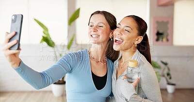 Buy stock photo Selfie, pilates and smile with friends in studio for social media, workout post and photography. Online yoga memory, picture and bonding with women in class for wellness, health and support together