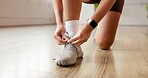 Person, hands and tying with shoes for workout preparation, exercise or indoor training. Closeup, active or legs with sneaker, tie or getting ready with laces for fitness, run or gym in health club