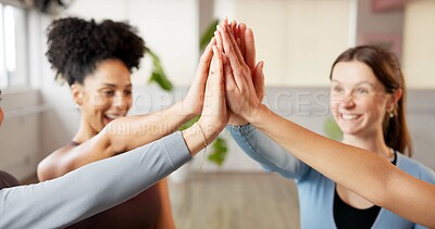 Buy stock photo Support, high five and pilates with women in class for fitness, motivation and community. Wellness, team building and smile with people in yoga studio for celebration, solidarity and health goals