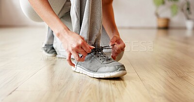 Buy stock photo Person, hands and tie with shoes for workout preparation, start exercise or indoor training. Closeup, active or tying laces with sneakers or getting ready for fitness, run or gym in health club