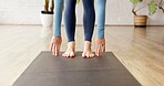 Fitness, stretching and feet of woman in gym with health, wellness and pilates preparation. Legs, muscle and girl on yoga mat for warm up in club for morning exercise, workout or balance on floor