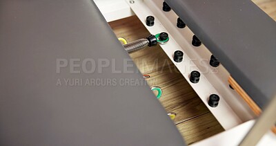 Buy stock photo Reformer, gym or equipment with adjustable springs for pilates, stretching or indoor exercise. Empty space, interior or workout machine with padded seat for fitness, flexbility or resistance training