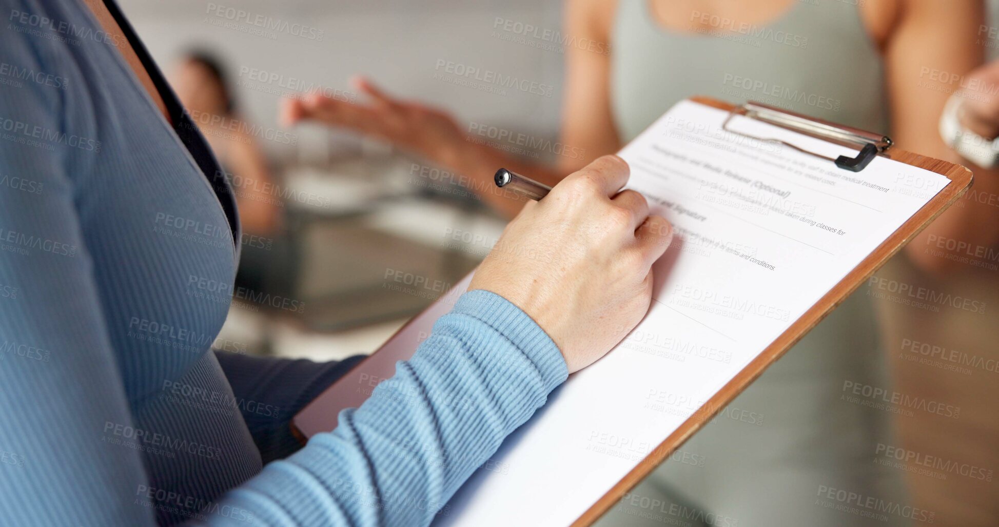 Buy stock photo Fitness, hands and clipboard for sign up with gym membership, details and registration. Women, client and personal trainer with paperwork at health club for application, workout contract or form