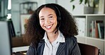 Call center, portrait and woman in office, smile and help desk with communication. Professional, happy person and consultant in workplace, confidence and telemarketing with headset and connection