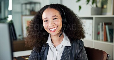 Buy stock photo Call center, portrait and woman in office, smile and help desk with communication. Professional, happy person and consultant in workplace, confidence and telemarketing with headset and connection