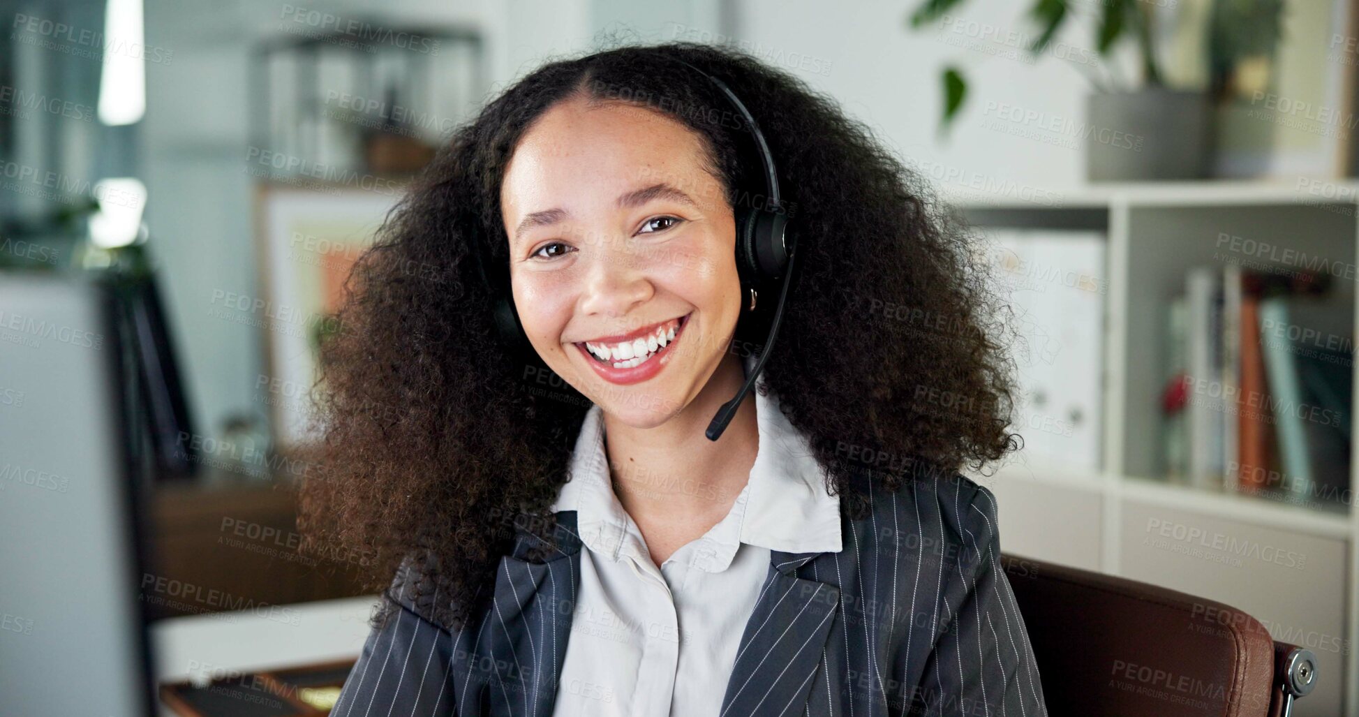 Buy stock photo Call center, portrait and woman in office, smile and help desk with communication. Professional, happy person and consultant in workplace, confidence and telemarketing with headset and connection