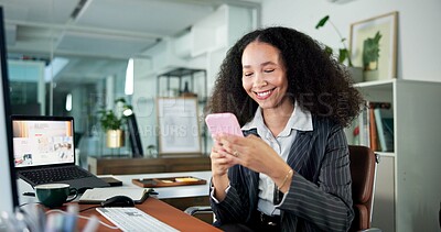 Buy stock photo Media agency, smartphone and woman in office, smile or copywriting with communication. Person, news report or journalist in workplace, creativity or cellphone with email for submission or publication