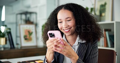 Buy stock photo Media agency, cellphone and woman in office, smile or copywriting with communication. Person, news report or journalist with creativity, app and smartphone with email for submission or publication
