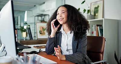 Buy stock photo Media agency, phone call and woman in workplace, smile and copywriting with online interview. Person, employee or journalist with cellphone, computer or digital app for communication and creativity