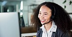 Happy woman, consultant or call center with headset for customer service or online advice in office. Female person, friendly agent and talking with smile, mic or technology for virtual assistance