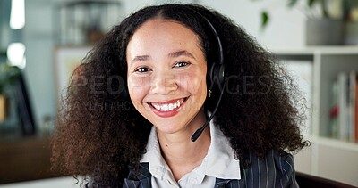 Buy stock photo Happy woman, portrait and consultant with headset for online advice or communication in call center. Female person, friendly agent or smile with mic for virtual assistance, help or support in office