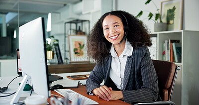 Buy stock photo Happy woman, portrait and agent with headset for customer service or online advice in call center. Female person, friendly consultant and computer with smile, mic or technology for virtual assistance