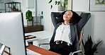 Media agency, relax and woman in office, computer and copywriting with completed project. Person, employee and journalist in workplace, pc and finished task with confidence, calm and resting with nap