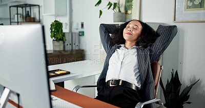 Buy stock photo Media agency, relax and woman in office, computer and copywriting with completed project. Person, employee and journalist in workplace, pc and finished task with confidence, calm and resting with nap
